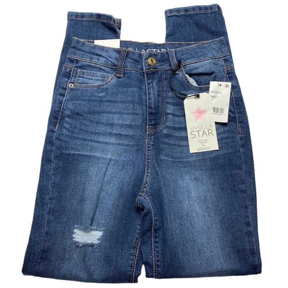 Vanilla Star Distressed Skinny Ankle Jean Juniors 25 XS Blue Ripped Frayed NEW